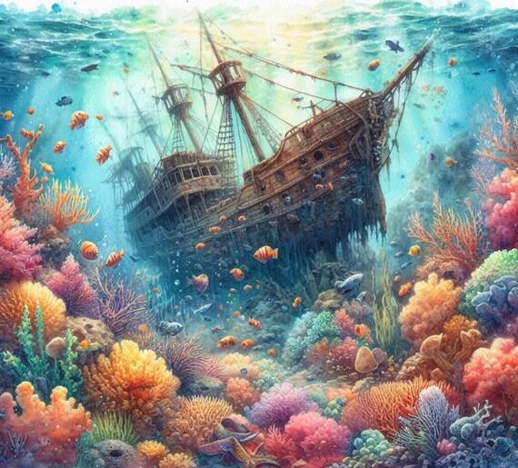 <b>PDF Underwater</b> Treasure Ship Counted Cross Stitch Pattern Seascape ...